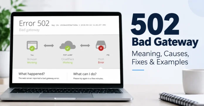 502 Bad Gateway meaning showing a host server error with causes, fixes, and examples