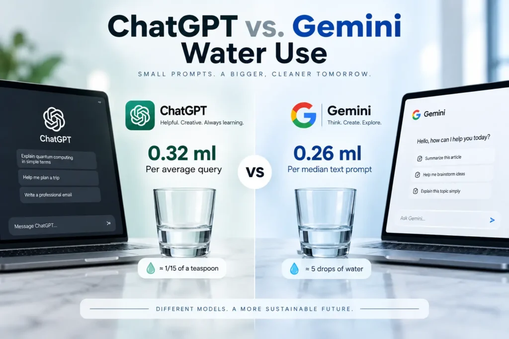 ChatGPT vs Gemini water use comparison showing 0.32 ml and 0.26 ml per AI prompt