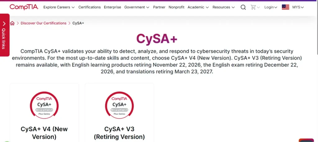 CompTIA CySA+ cyber security certification badge for SOC and blue team analyst roles