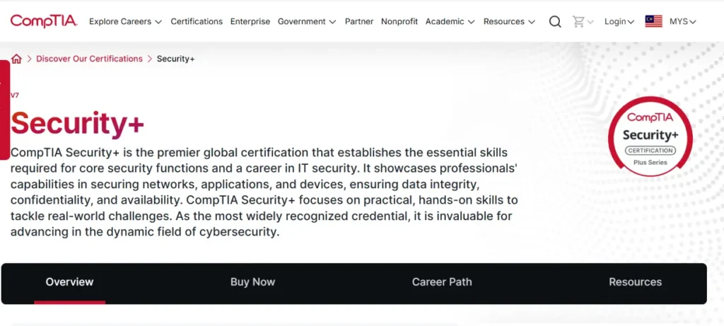 CompTIA Security+ certification logo, a foundational cyber security certification for career starters