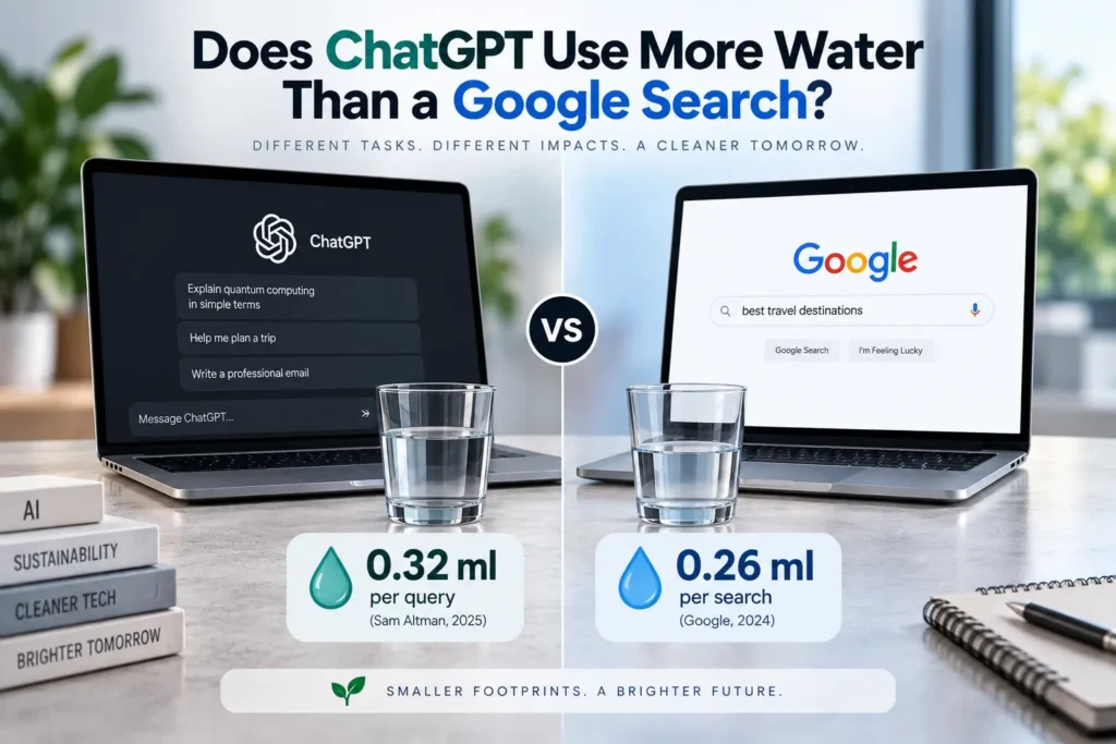 ChatGPT vs Google Search water usage comparison showing AI and search engine water consumption