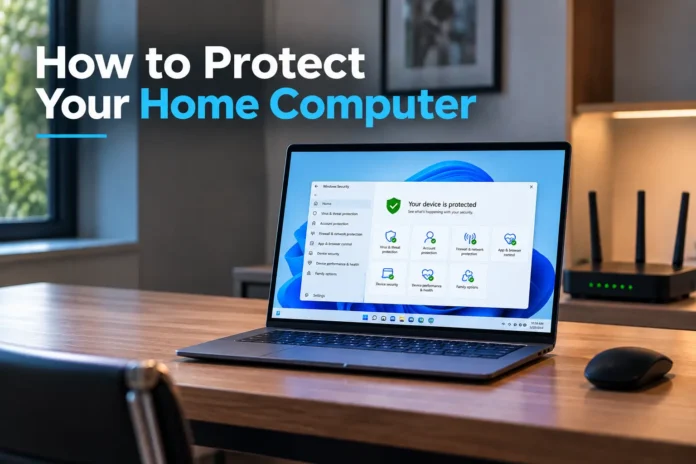 How can you protect your home computer with antivirus, Windows security, firewall, updates and secure network settings