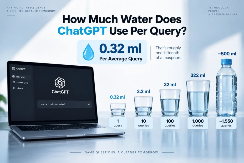 ChatGPT water usage per query infographic showing 0.32 ml average water use and query comparisons