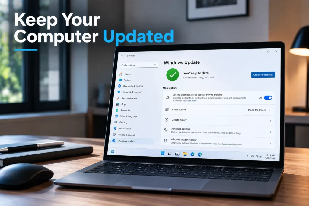 Windows 11 Update settings showing how to keep a home computer updated and secure