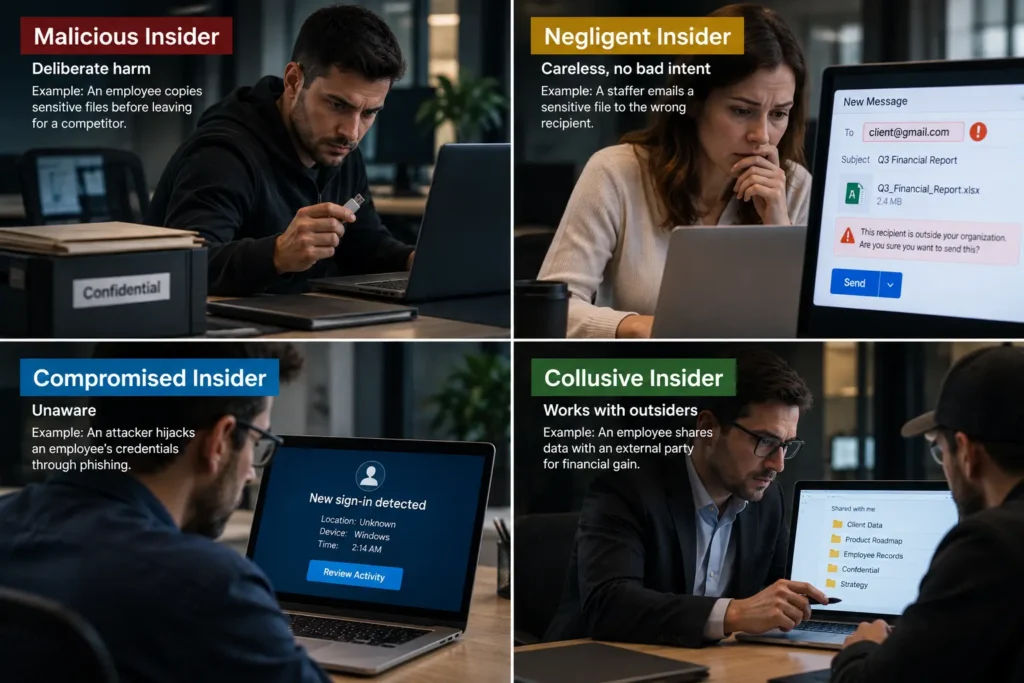 Four types of insider threats including malicious, negligent, compromised and collusive insiders