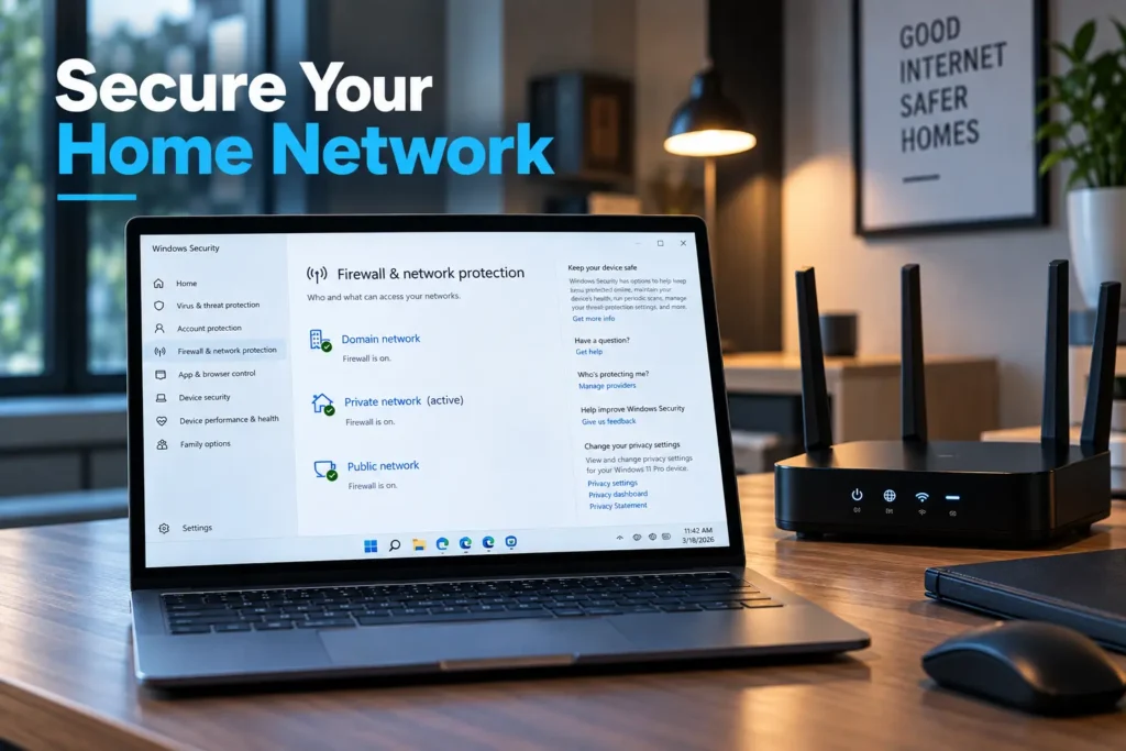 Home computer firewall and Wi-Fi router showing secure network and firewall protection settings