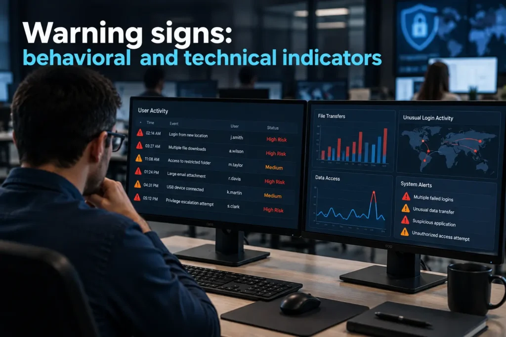 Insider threat warning signs showing behavioral and technical indicators on a security monitoring dashboard