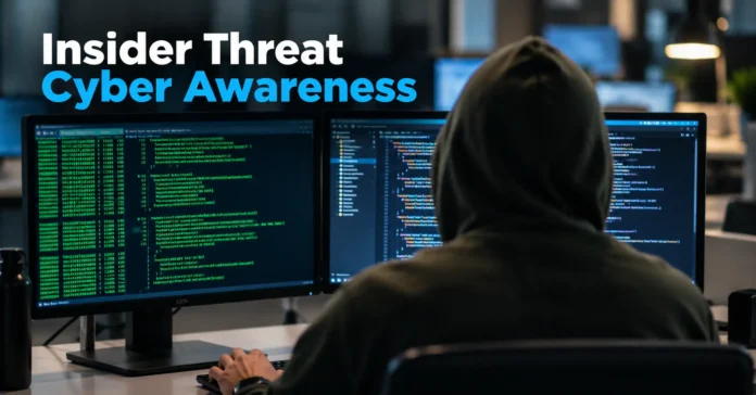 What is an insider threat? Insider threat cyber awareness showing an employee accessing company systems in a cybersecurity office