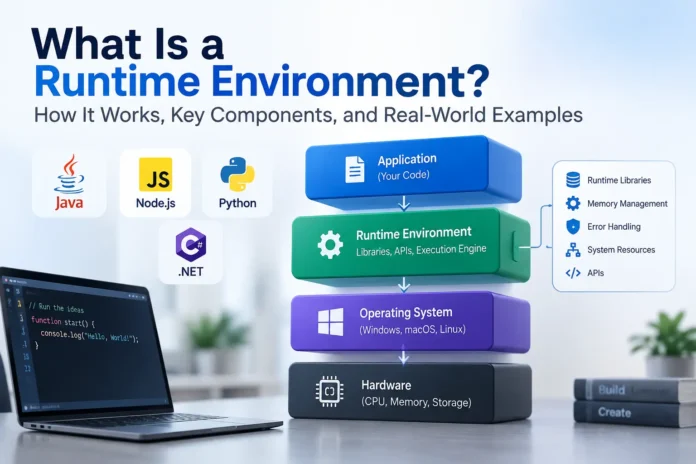 What is a runtime environment showing application, runtime environment, operating system, hardware, Java, Node.js, Python, and .NET.