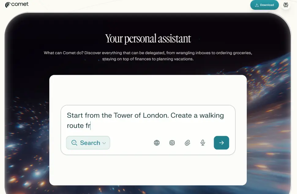 Comet AI Browser personal assistant with AI-powered search and browser tools