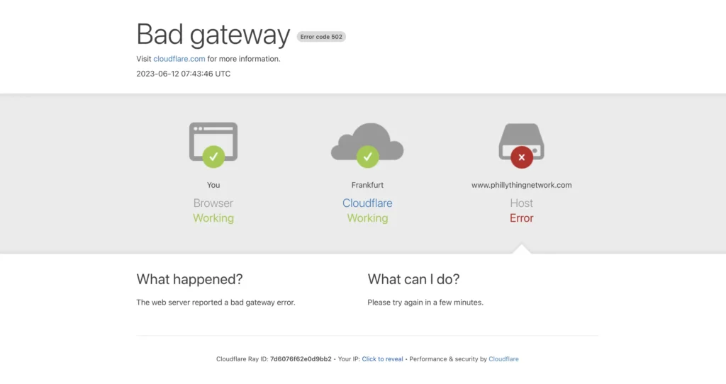 502 Bad Gateway in Cloudflare showing browser and Cloudflare working with a host server error