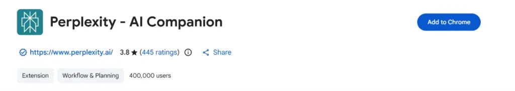 Perplexity AI Companion browser extension with AI search and webpage summarization tools