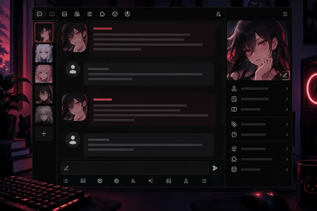 SillyTavern interface for custom AI characters, character cards, and advanced character customization